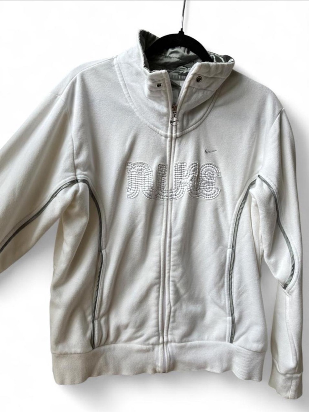 Vintage Nike Y2K white tennis track zip up fleece jacket swoosh gray satin L